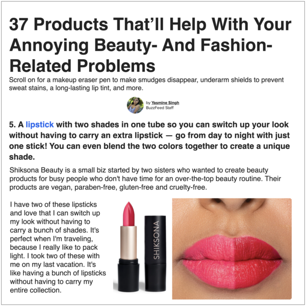 snippet of a Buzzfeed article featuring ShikSona Beauty in the article titled, "37 Products That'll Help With Your Annoying Beauty- and Fashion-Related Problems